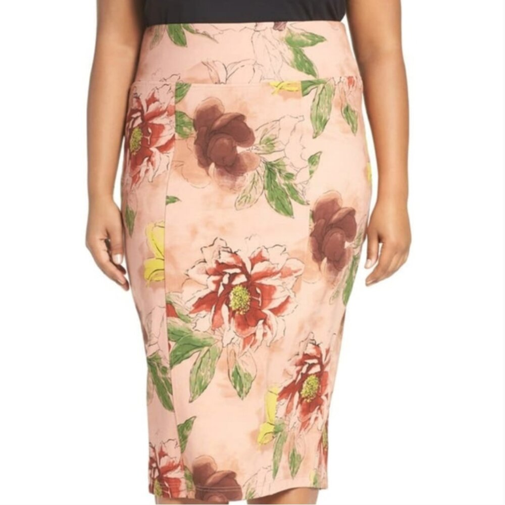 Melissa McCarthy Seven7 Pencil Skirt 2X Pink Floral Midi Stretch Career Boho